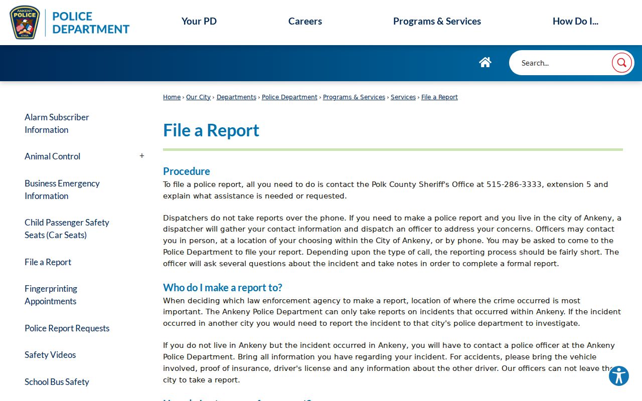 Ankeny and Polk County criminal records reporting page for filing a city police report