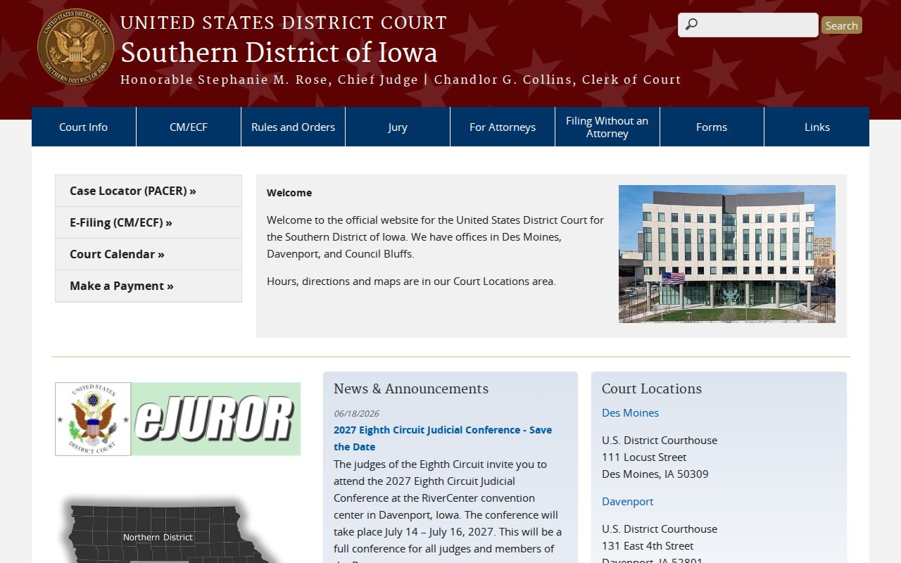 Des Moines and Polk County criminal records source for the Southern District of Iowa